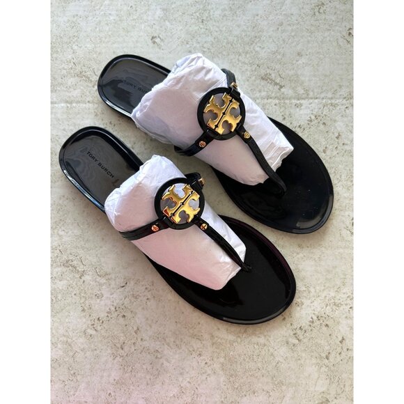 Tory Burch Women's Size 12 Miller Black Patent Sandals Gold Logo - Picture 1 of 8